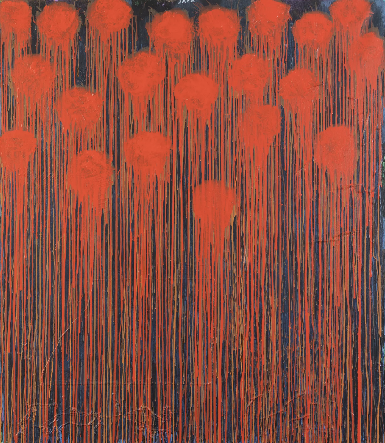 An intense display of crimson blooms cascading like memories on a black field, reflecting post-war French abstraction and the emotional weight of gesture.